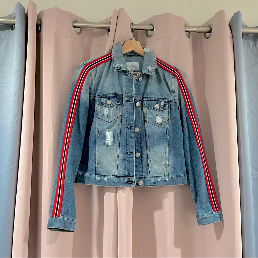 Tilly's Stripe Sleeve Distressed Denim Jacket